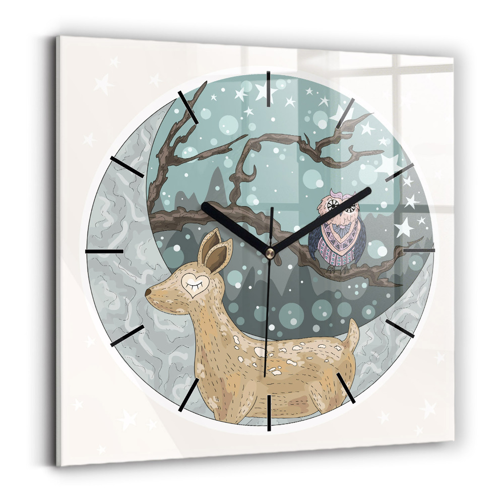 Pendule carrée en verre Animaux nocturnes et lune