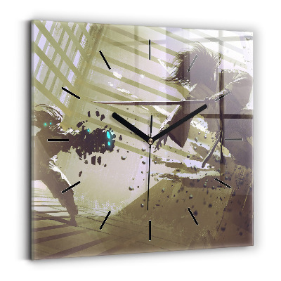 Pendule carrée en verre Combat entre un robot et un samouraï