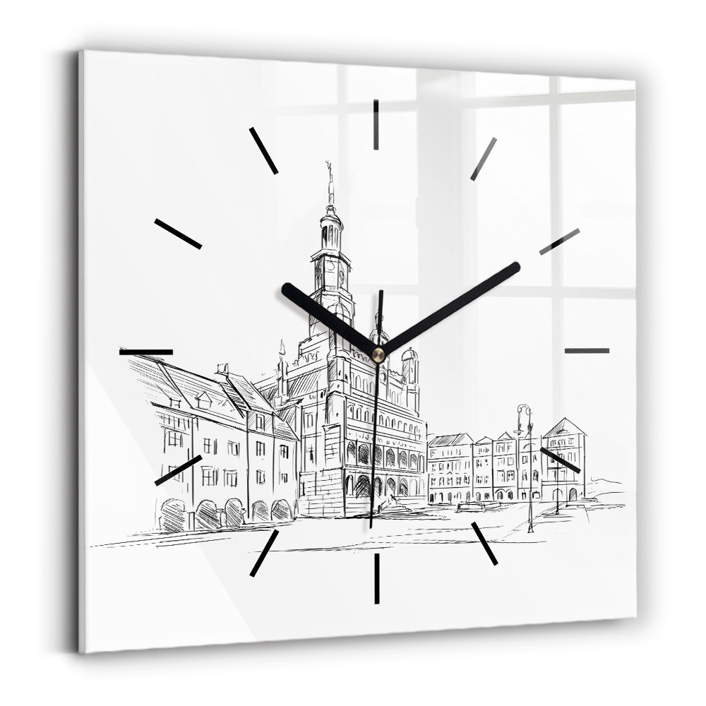 Horloge murale carrée Croquis de la vieille ville de Poznań