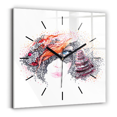 Horloge murale carrée Femme douce avec un gâteau