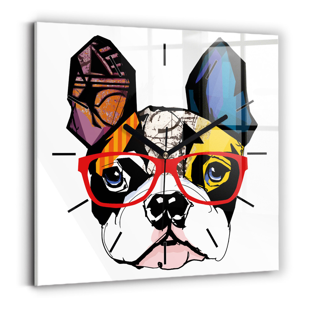 Horloge carrée en verre Bouledogue français à lunettes