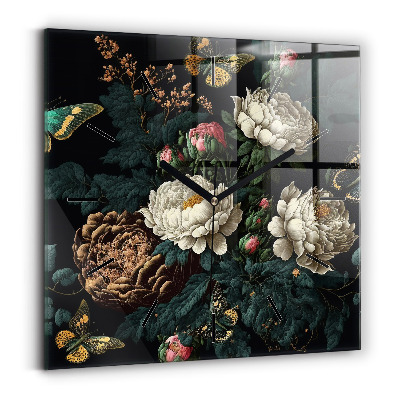 Horloge murale carrée Fleur et papillons dorés