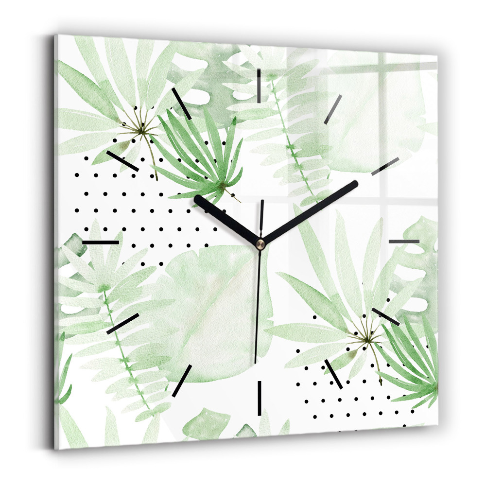 Horloge carrée en verre Feuilles vertes