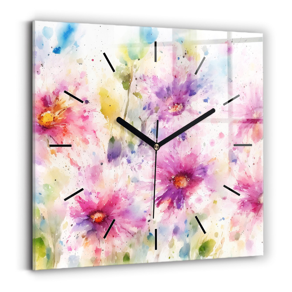 Horloge carrée en verre Fleurs peintes