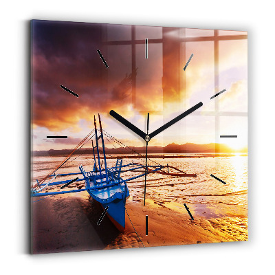 Pendule carrée en verre Bateau et coucher de soleil