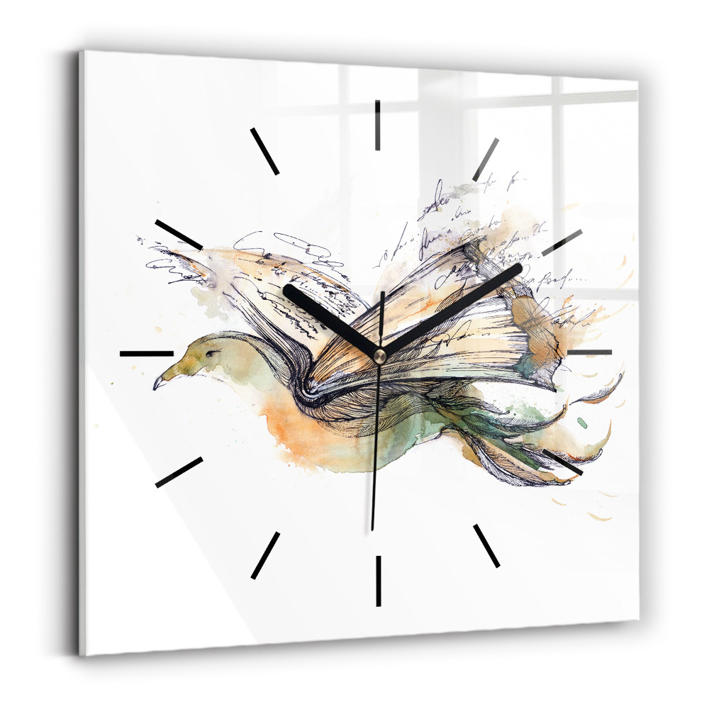 Horloge carrée en verre Oiseau et livre