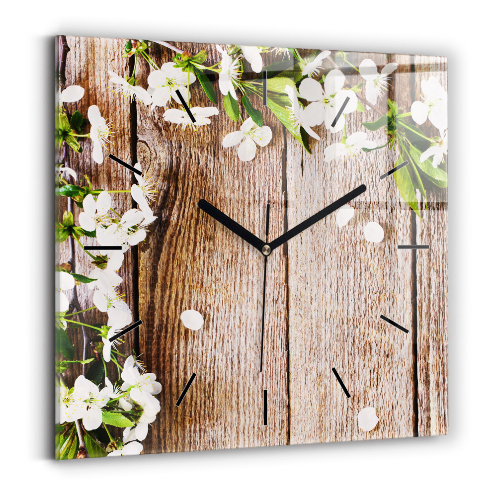 Horloge carrée en verre Fleurs sur bois