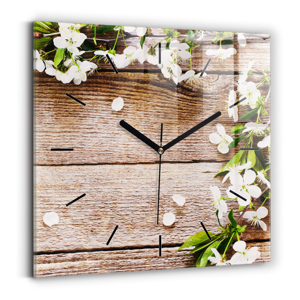 Horloge murale carrée Fleurs sur bois