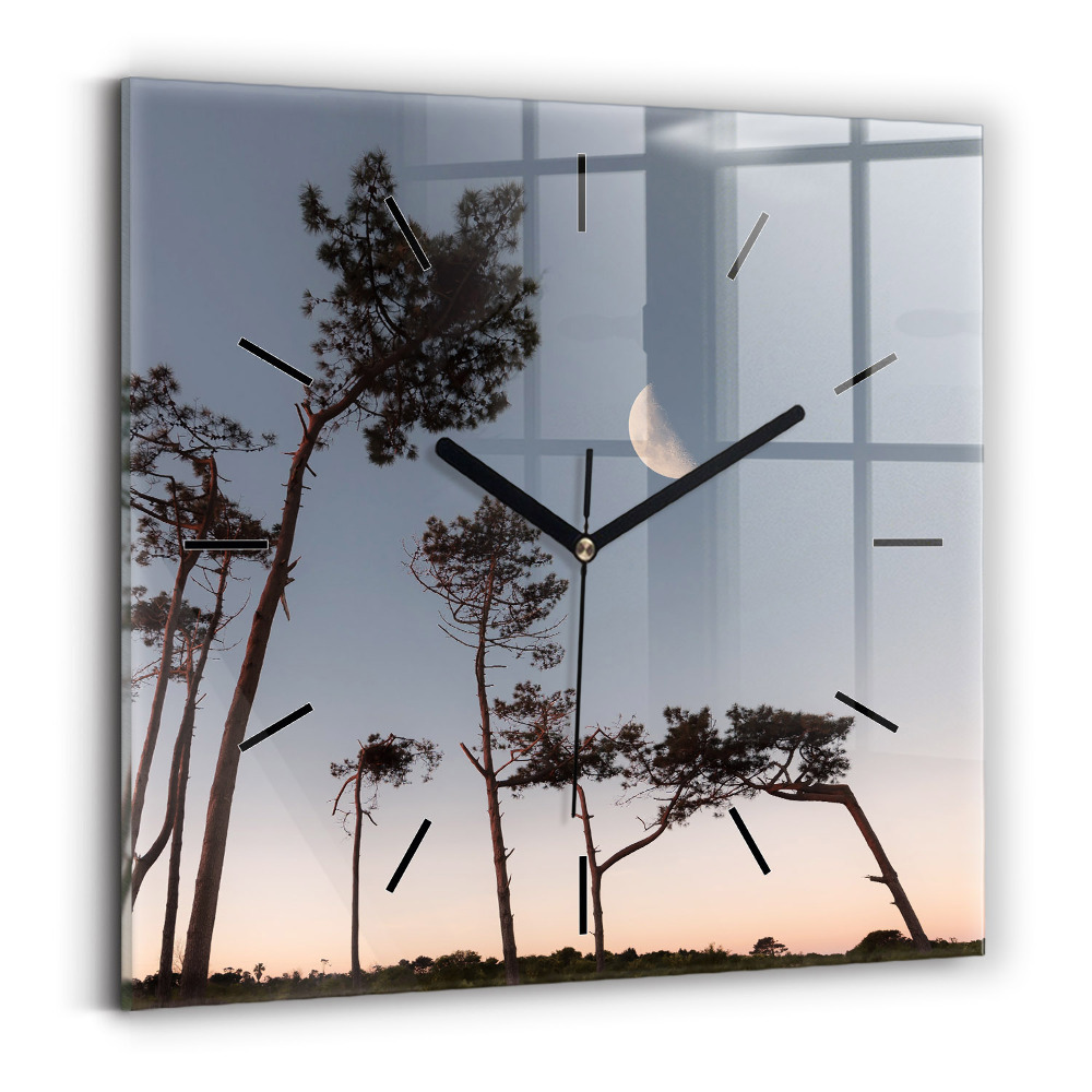 Horloge murale carrée Croissant de lune et arbres