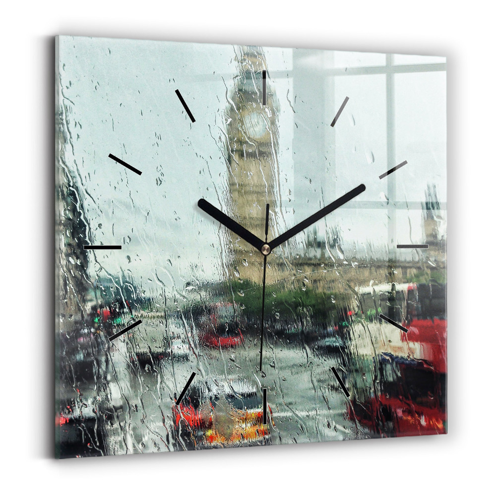 Horloge carrée en verre Londres sous la pluie