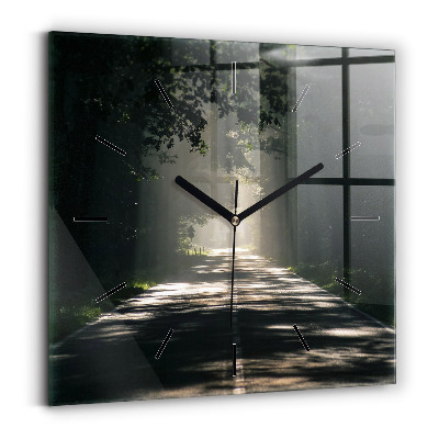 Horloge murale carrée Route forestière et traînées de soleil