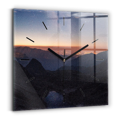Horloge carrée en verre Montagnes au coucher du soleil