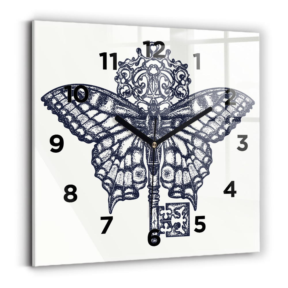 Pendule carrée en verre Papillon et clé - style boho