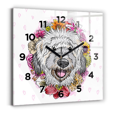 Pendule carrée en verre Chien heureux dans les fleurs