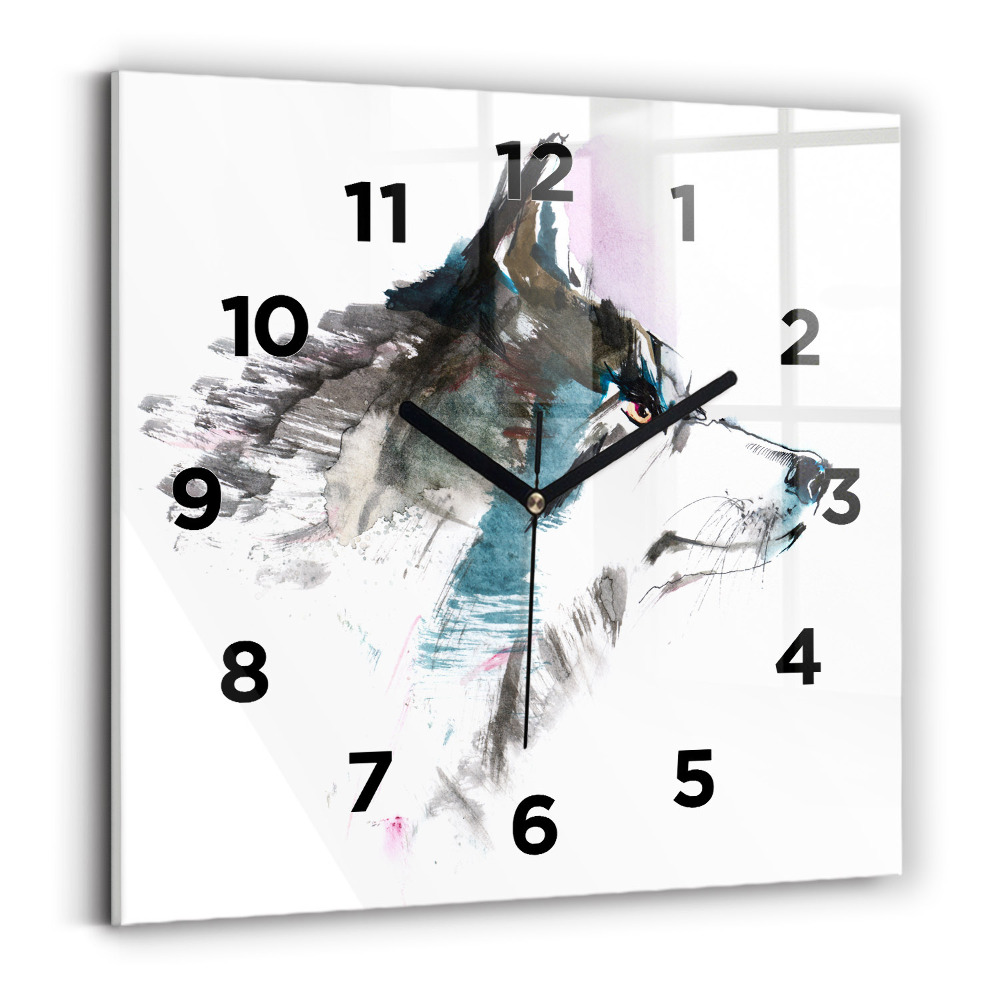 Pendule carrée en verre Profil d'un loup peint