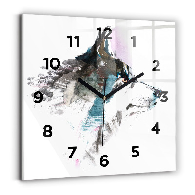 Pendule carrée en verre Profil d'un loup peint