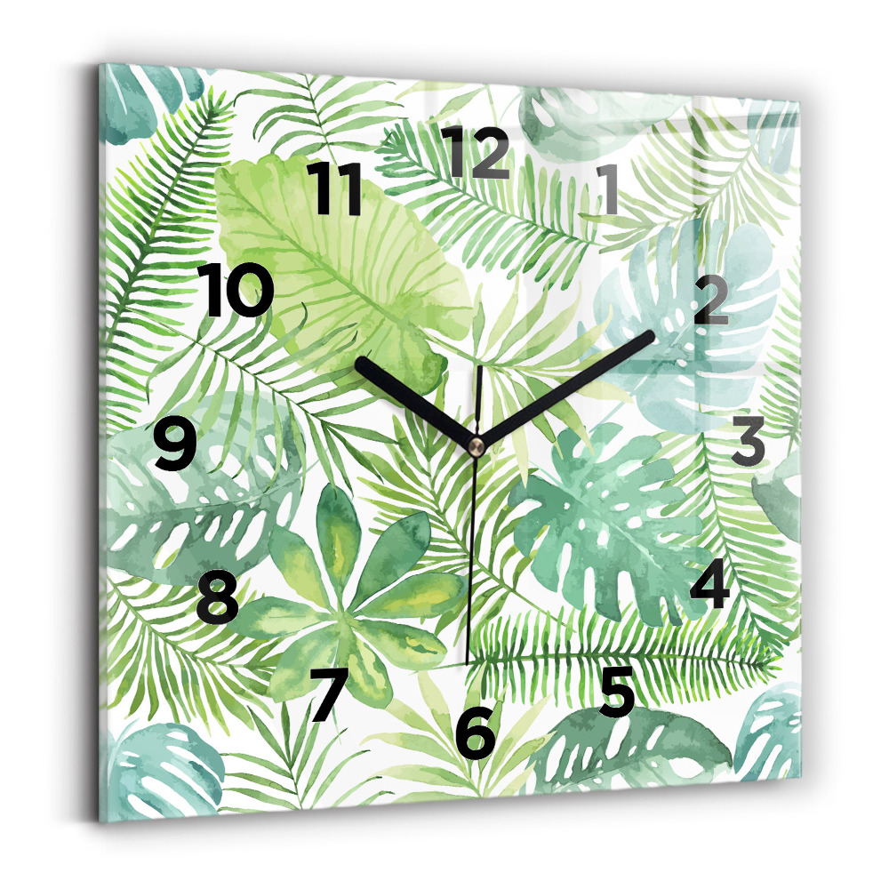 Horloge carrée en verre Feuilles vertes