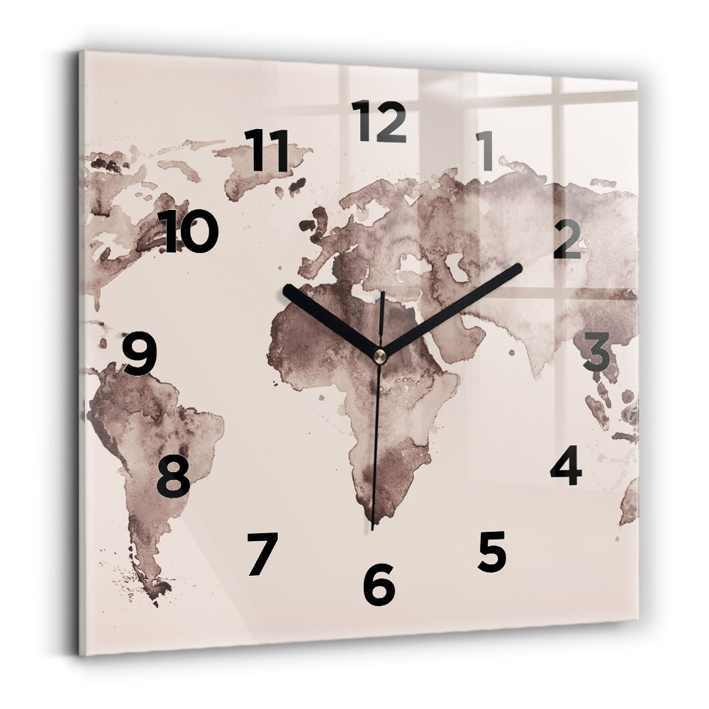 Horloge carrée en verre Carte du monde à l'aquarelle