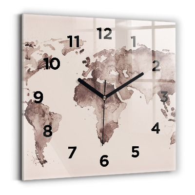 Horloge carrée en verre Carte du monde à l'aquarelle