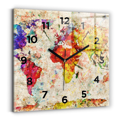 Horloge murale carrée Carte du monde en couleur
