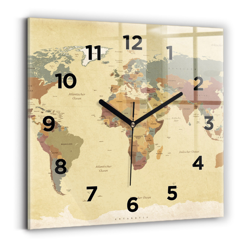 Pendule carrée en verre Carte du monde style vintage