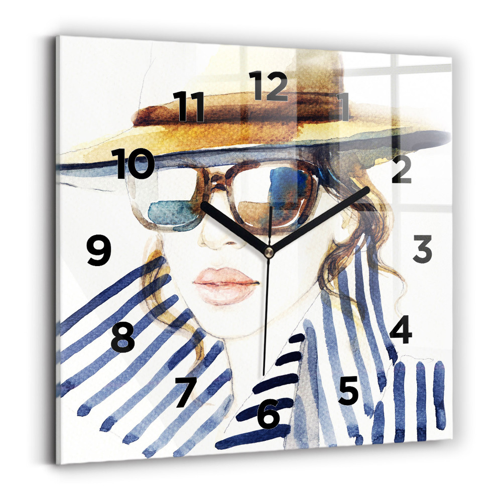 Pendule carrée en verre Visage avec lunettes et chapeau