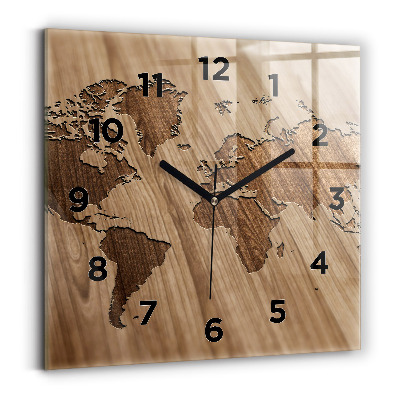 Horloge carrée en verre Carte du monde sur bois