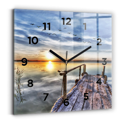 Horloge carrée en verre Lac au coucher du soleil