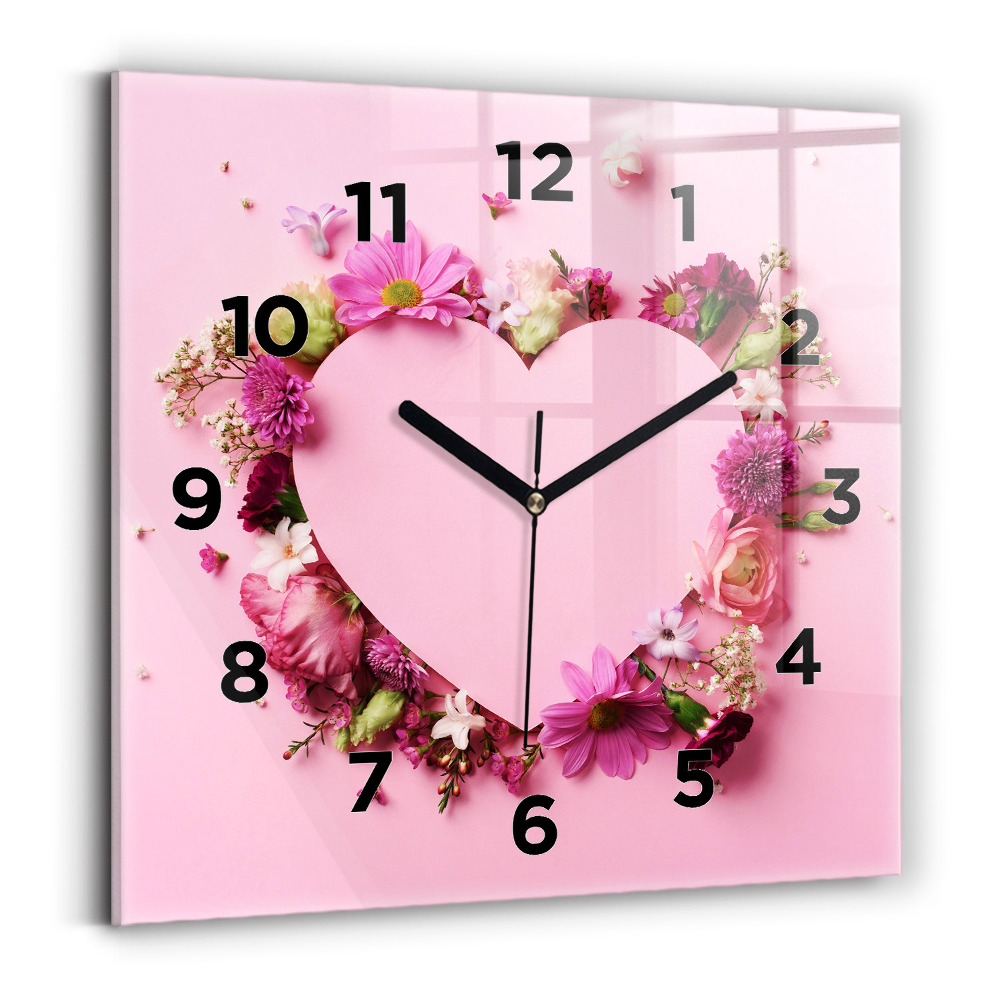 Pendule carrée en verre Cœur de fleurs