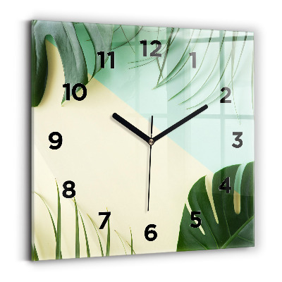 Horloge carrée en verre Feuilles de monstera