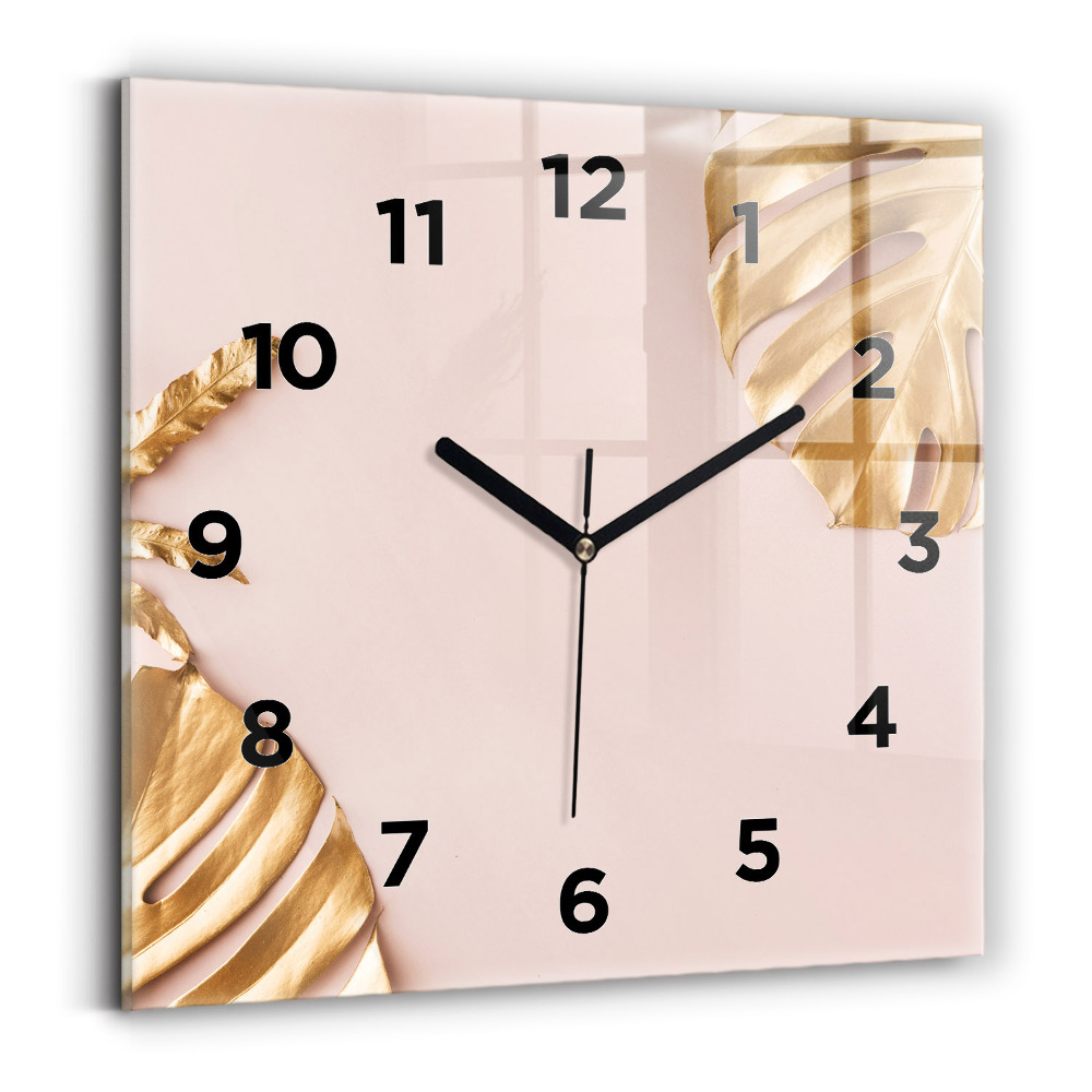 Pendule carrée en verre Feuilles tropicales dorées