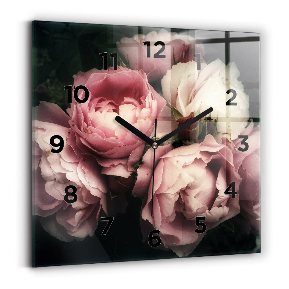 Pendule carrée en verre Bouquet de roses roses