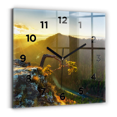 Pendule carrée en verre Coucher de soleil sur les montagnes