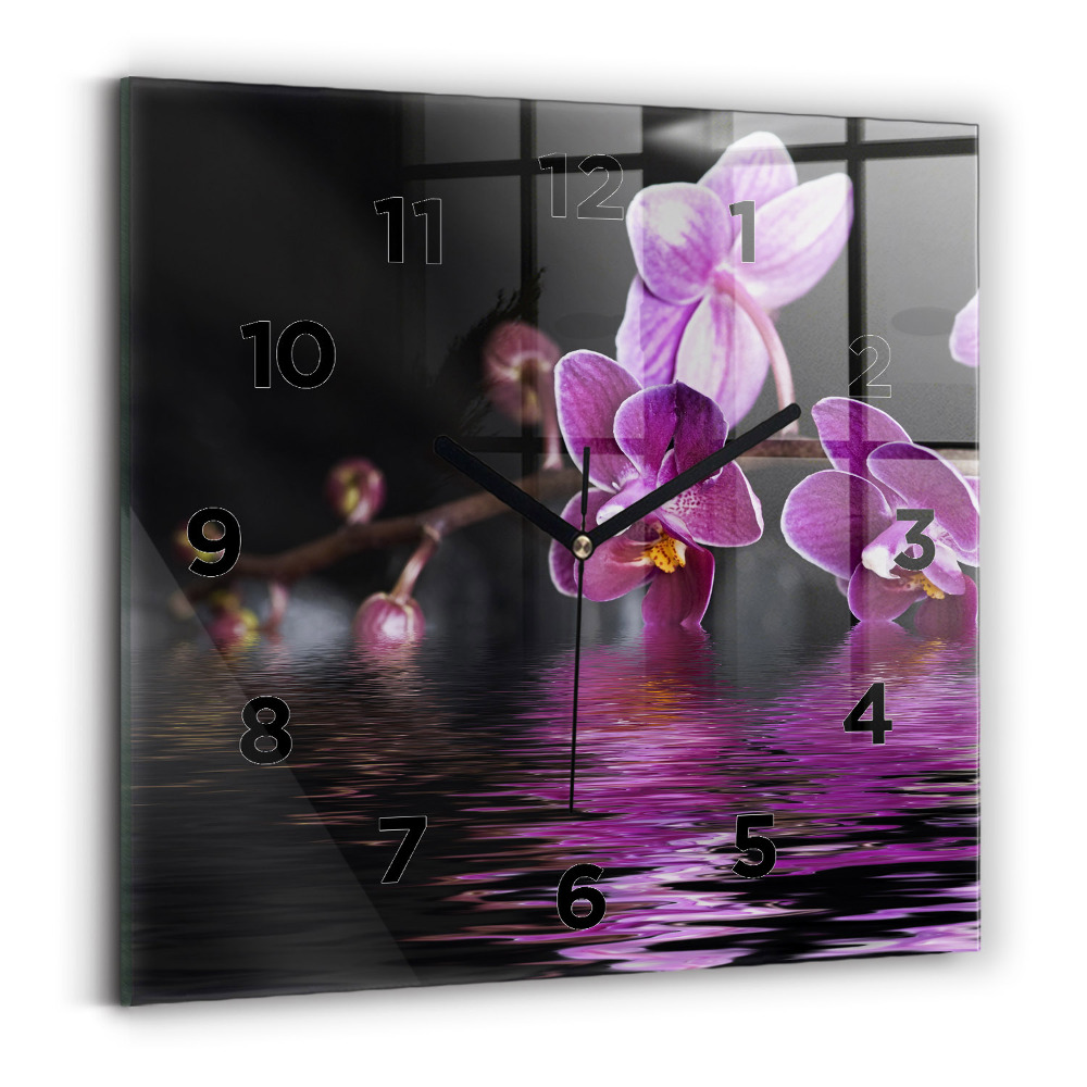 Horloge carrée en verre Fleur d'orchidée sur l'eau