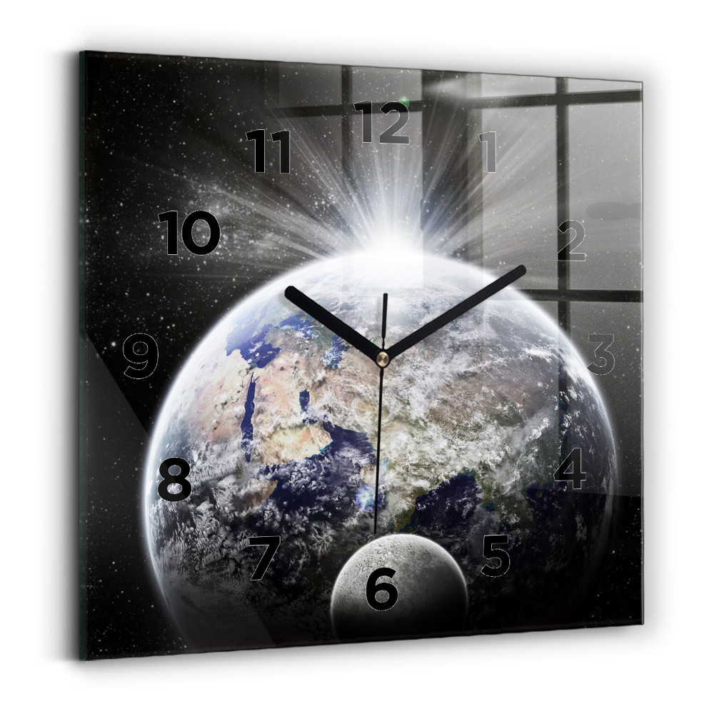 Horloge carrée en verre Terre Lune Soleil