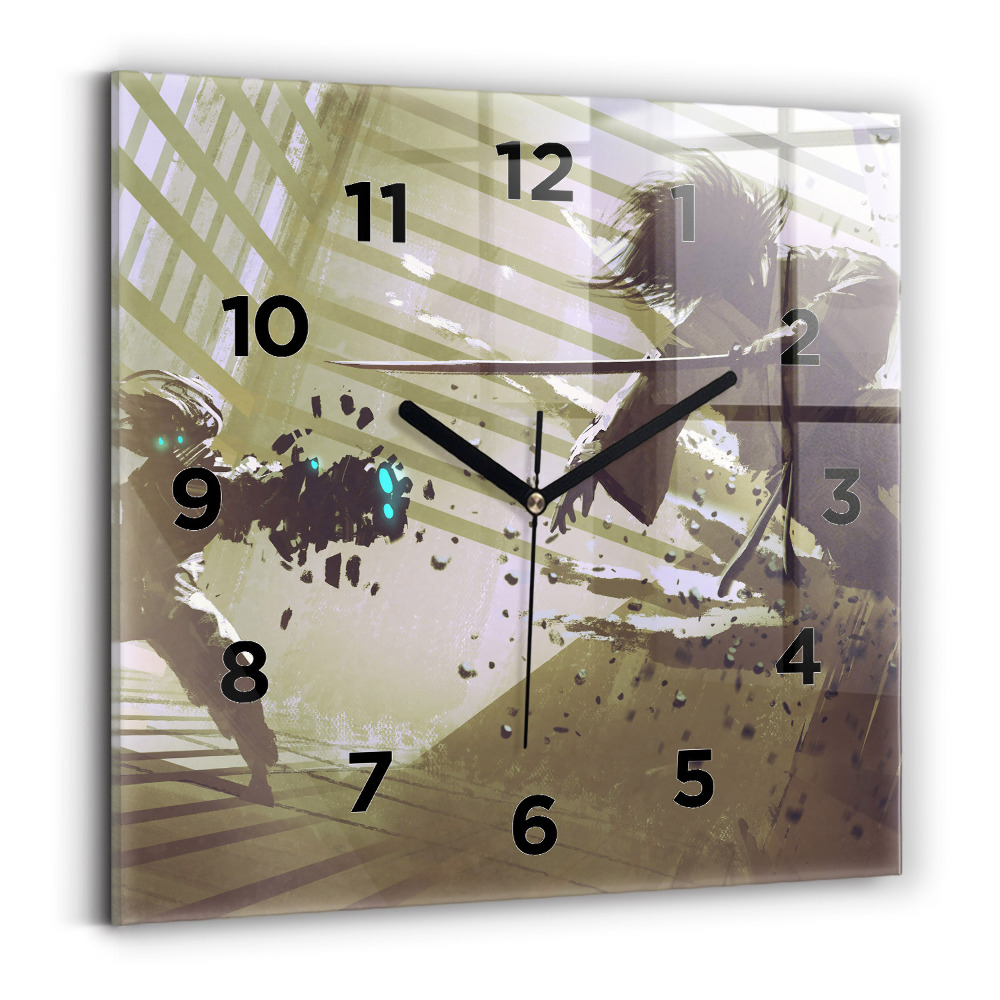 Pendule carrée en verre Combat entre un robot et un samouraï