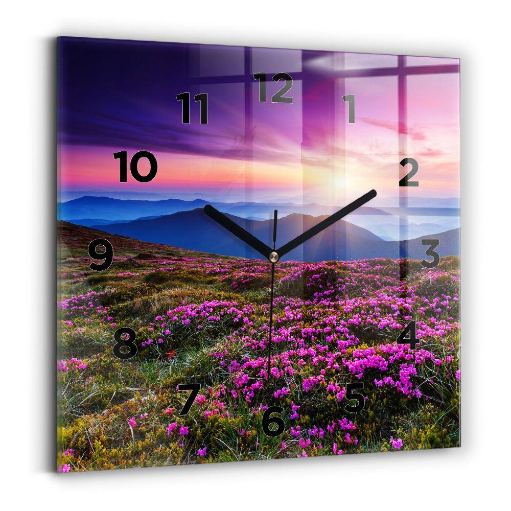Horloge murale carrée Lever de soleil et fleurs