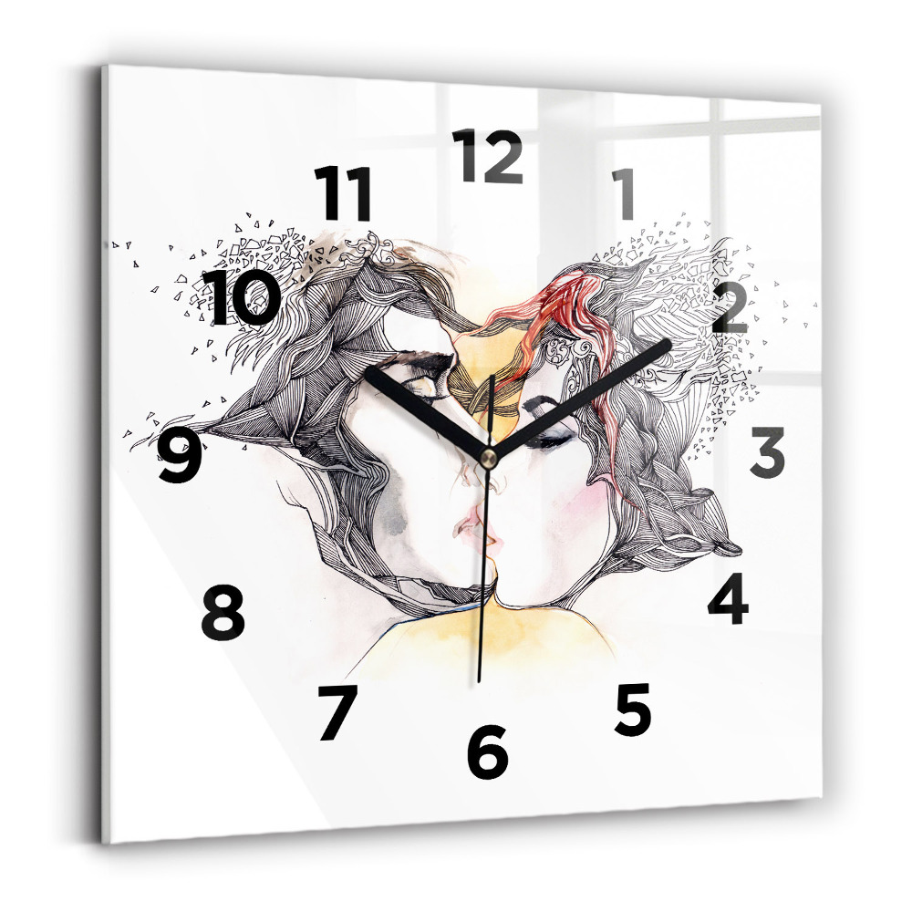 Horloge carrée en verre Dessin d'un baiser d'amour