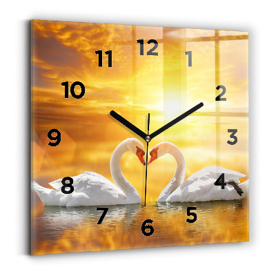Pendule carrée en verre Cygnes amoureux