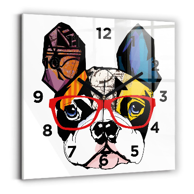 Horloge carrée en verre Bouledogue français à lunettes