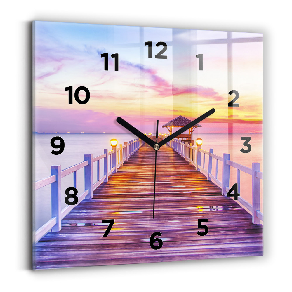 Pendule carrée en verre Pont dans le port le soir