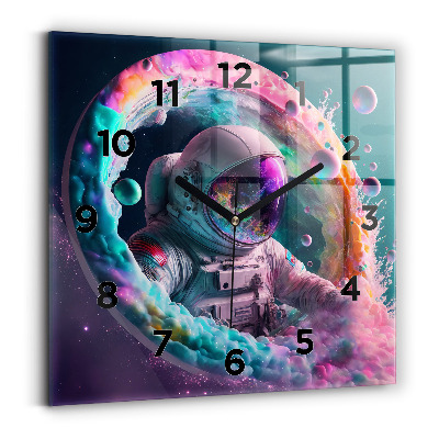 Horloge carrée en verre Cosmonaute et nuages colorés