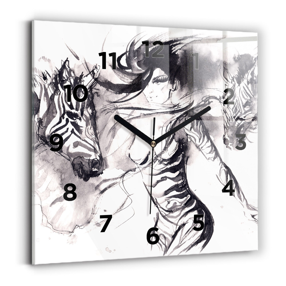 Horloge carrée en verre Femme et zèbres