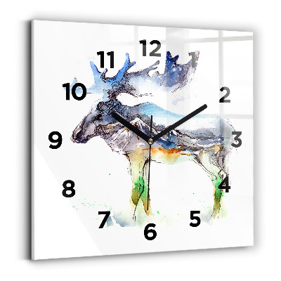Horloge murale carrée Orignal et paysage de montagne