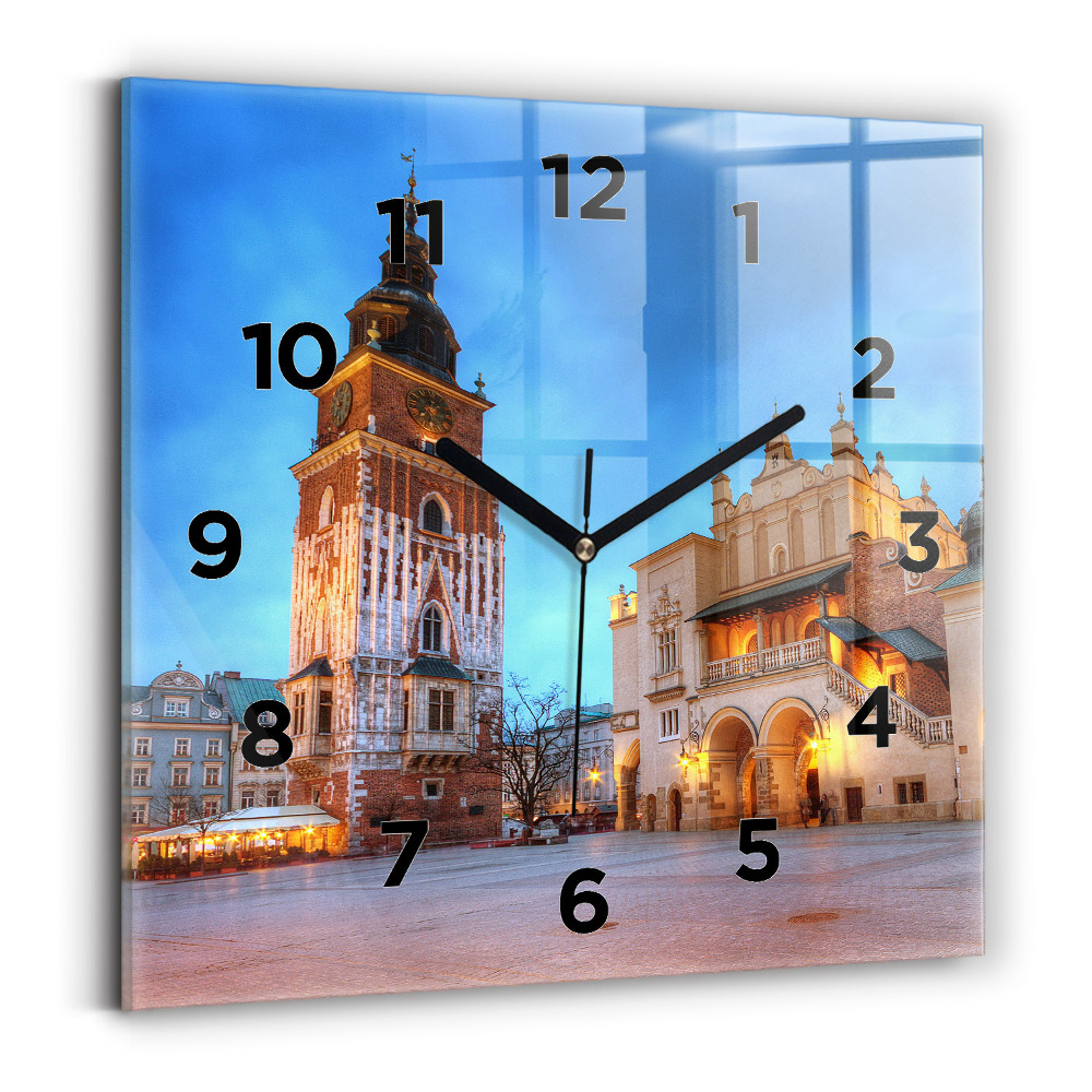 Pendule carrée en verre Place du marché principal à Cracovie