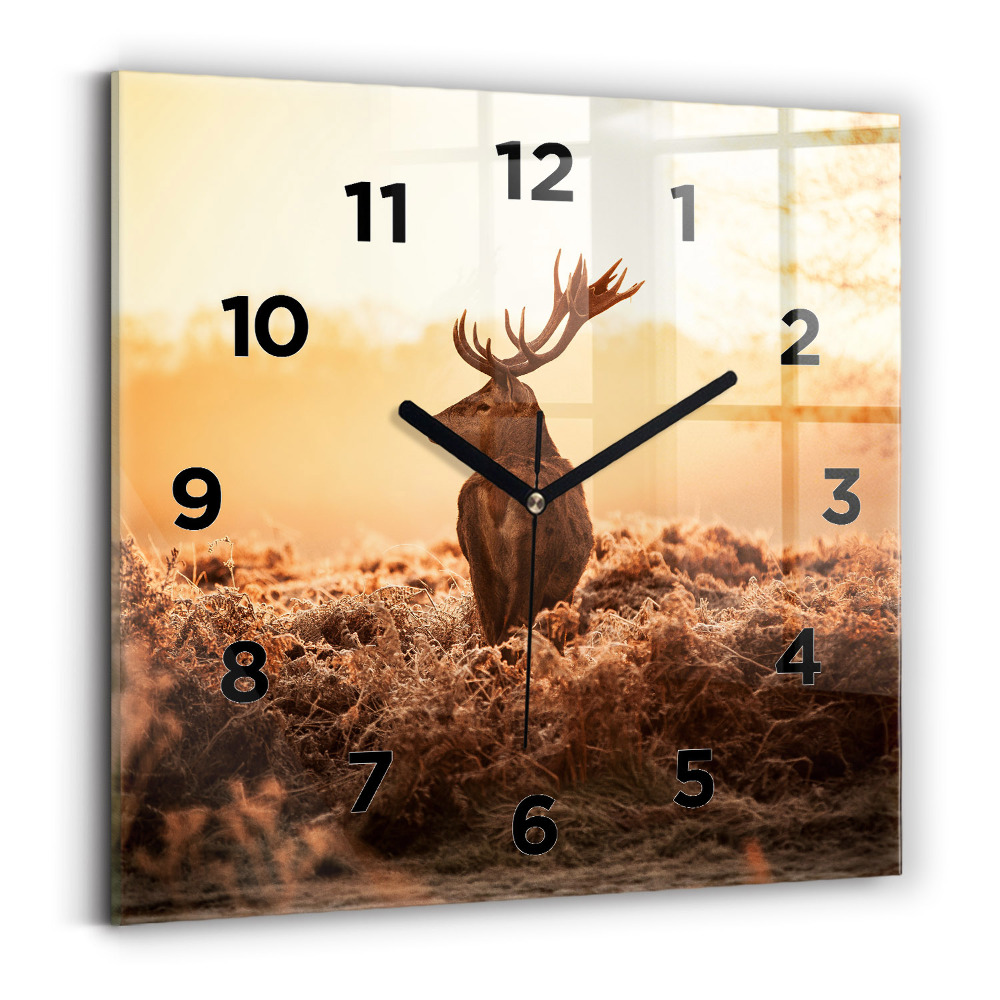Horloge carrée en verre Cerf au lever du soleil