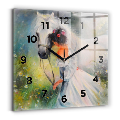 Horloge murale carrée Belle femme avec cheval