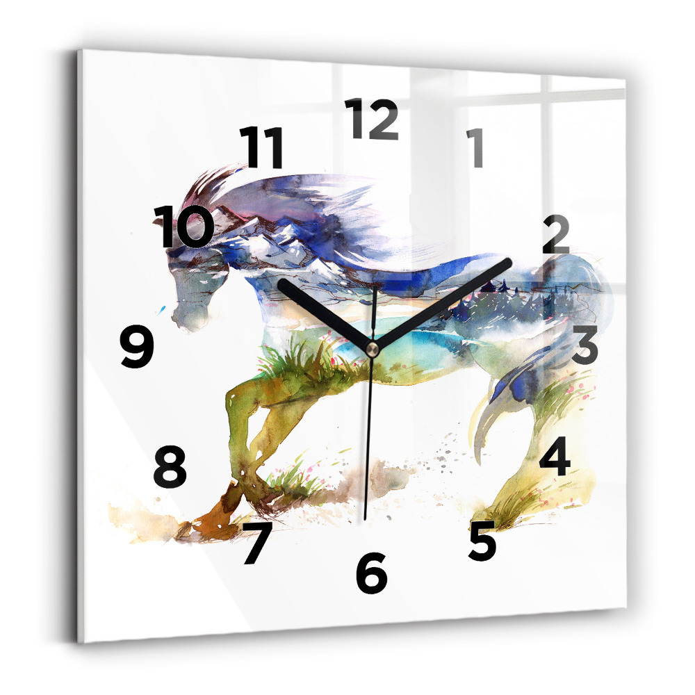 Horloge carrée en verre Montagne peinte et cheval