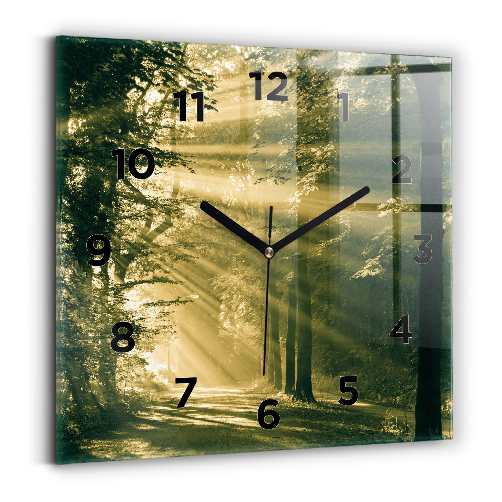 Horloge carrée en verre Rayons de soleil Forêt