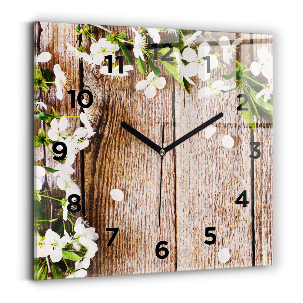 Horloge carrée en verre Fleurs sur bois